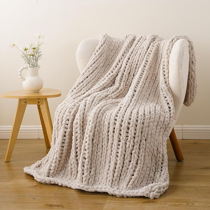 Battilo Chunky Knit Throw Blanket, Soft and Thick Chenille Throw Blanket, 50"x60" Handmade Cable Knit Crochet Blanket, Large Rope Knot Throw Blankets for Couch Sofa Bed Home Decor, Taupe-Ruum Studio Home