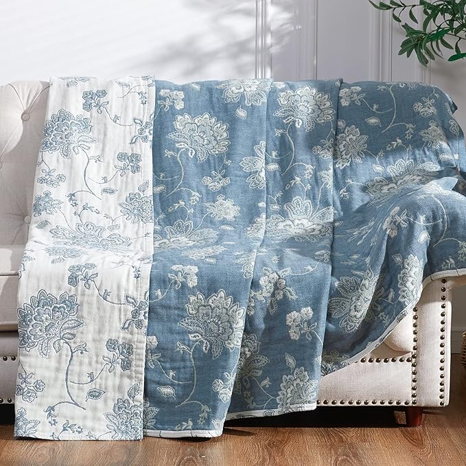 jinchan Boho 100% Cotton Muslin Queen Size 80x90 Inches Blanket Lightweight 4-Layer Quilted Soft Blue and White Floral Throw Blanket Green Accents Reversible Comfy Flower Rustic Summer Couch Bedroom-Ruum Studio Home