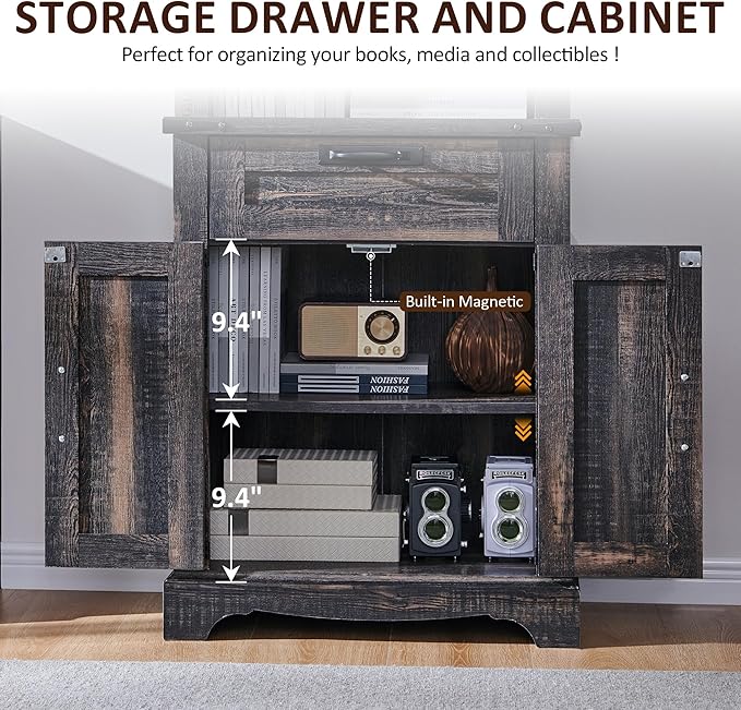 OKD 72'' Tall Bookshelf with Storage, Farmhouse 4 Tier Bookcase w/Barn Door, Adjustable Shelves and Drawers, Rustic Wooden Office Bookshelves for Home Bedroom, Living Room, Library (Dark Rustic Oak)-Ruum Studio Home