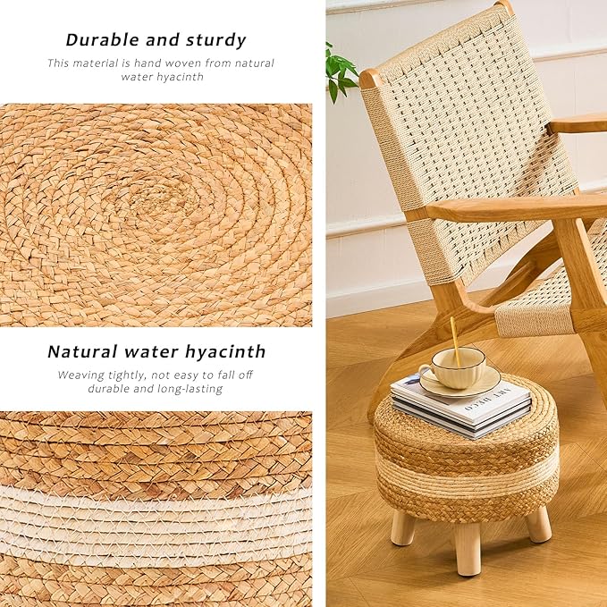 Handwoven Round Ottoman, Natural Water Hyacinth Outdoor Patio Pouf Seagrass Low Stool with Wood Legs, Soft Padded Footrest for Living Room Bedroom Garden, White-Ruum Studio Home