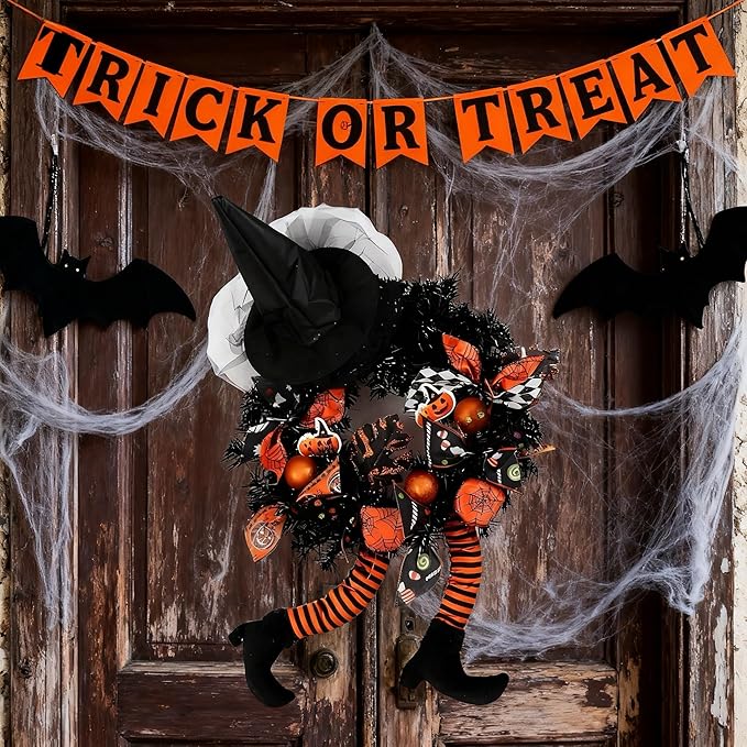 Happy Halloween Wreath for Front Door Decoration with Skeleton Artificial Bone Orange Ornaments Maple Leaf for Party Decor (Halloween Orange)-Ruum Studio Home