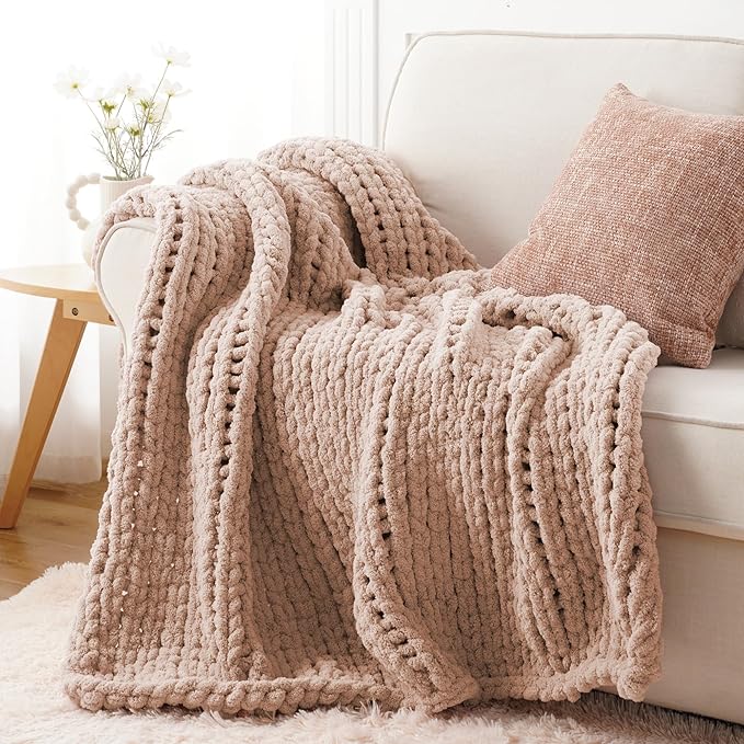 Battilo Chunky Knit Throw Blanket, Soft and Thick Chenille Throw Blanket, 50"x60" Handmade Cable Knit Crochet Blanket, Large Rope Knot Throw Blankets for Couch Sofa Bed Home Decor, Pink-Ruum Studio Home