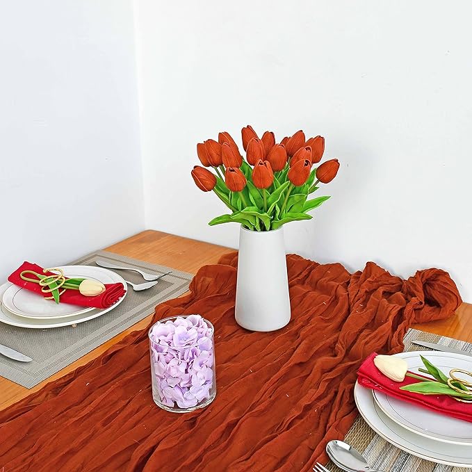 Mandy's Artificial Tulips 20 Stems Dark Orange PU Faux Flowers for Wedding Home Decor 13.5 Inch-Ruum Studio Home