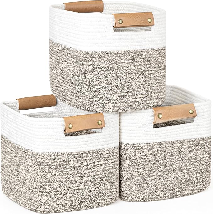 danpinera 11 Inch Storage Baskets, Woven Baskets for Organizing, 3 Pack Storage Cubes for Shelves, Closet, Nursery with Removable Leather Handles, White & Mixed Brown-Ruum Studio Home