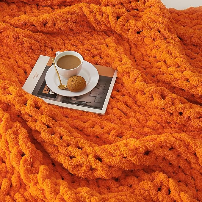 L'AGRATY Chunky Knit Blanket Throw: 30''x40'' Chenille Thick Knitted Throw for Bed & Couch - Handmade Large Crochet Rope Blanket - Orange-Ruum Studio Home