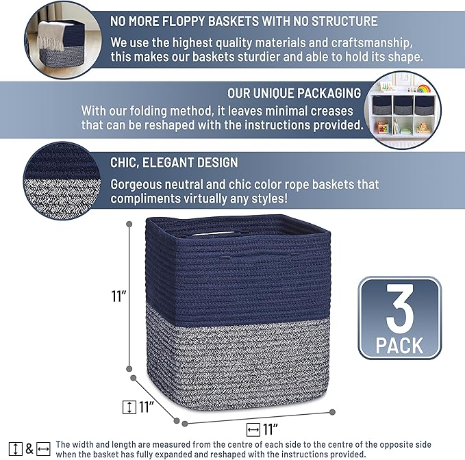 NaturalCozy Storage Cubes 11 Inch Cotton Rope Woven Baskets for Organizing, 3-Pack | Cube Storage Bin | Square Storage Baskets for Shelves Organizer, Classroom, Kids Toy Bins, Closet, Baby Nursery-Ruum Studio Home