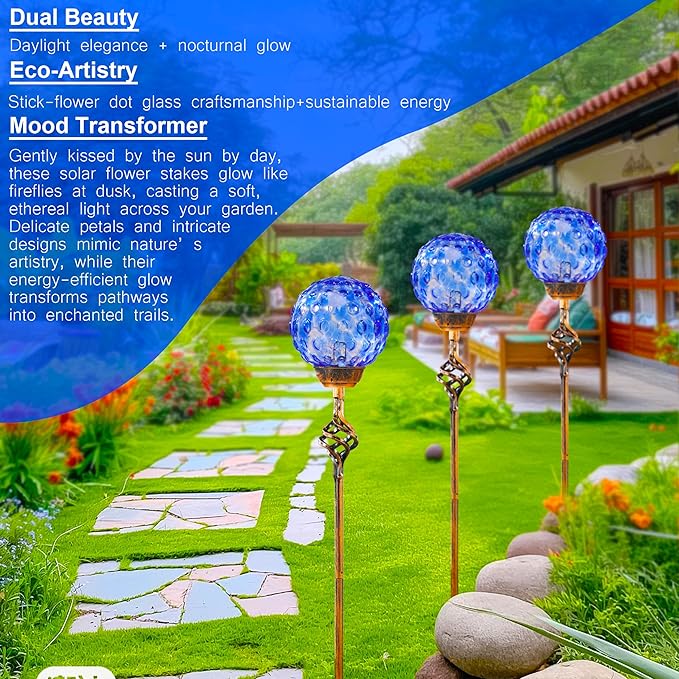 Garden Solar Lights, Decorative LED Honeycomb Glass Ball Garden Stake, Glass and Metal Outdoor Decoration, 4 x 31 Inch (Dark Blue)-Ruum Studio Home