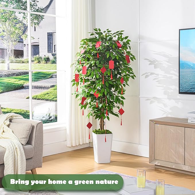 Artificial Ficus Tree 6FT Faux Floor Tree with Planter UV Resistant Potted Fake Silk Plant, Real Wood Trunk-Indoor Outdoor Lifelike Fake Ficus Tree for Home, Living Room Bedroom Topiary Tree-Ruum Studio Home