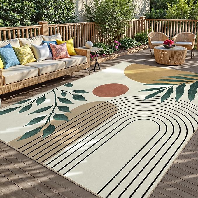 Indoor Outdoor Area Rug, Mid Century Sun Outdoor Patio Rug,Washable Abstract Art Leaves Eucalyptus Runway Rugs Non-Slip Carpet for Camping, Bedroom, Deck(8x10)-Ruum Studio Home