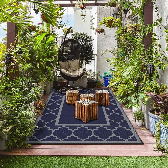 GENIMO 6' x 9' Outdoor Rug Waterproof for Patio Decor, Foldable Reversible Plastic Straw Area Rugs Mat for Camper, Outside Carpet for Rv, Deck, Porch, Picnic, Beach, Balcony, Blue & Grey-Ruum Studio Home