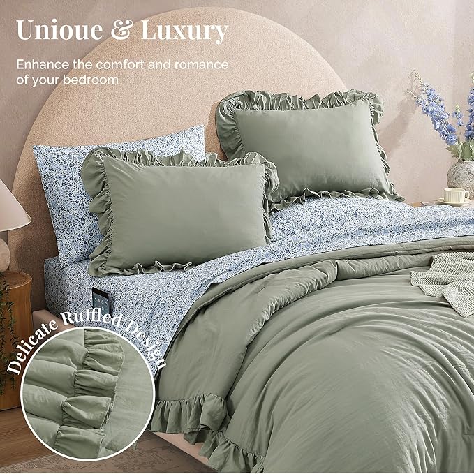 Queen Comforter Set - 7 Pieces Ruffle Sage Green Bedding Sets, Shabby Chic Farmhouse Bed in a Bag Queen with Ruffle Comforter, Floral Sheets, Pillowcases & Shams-Ruum Studio Home