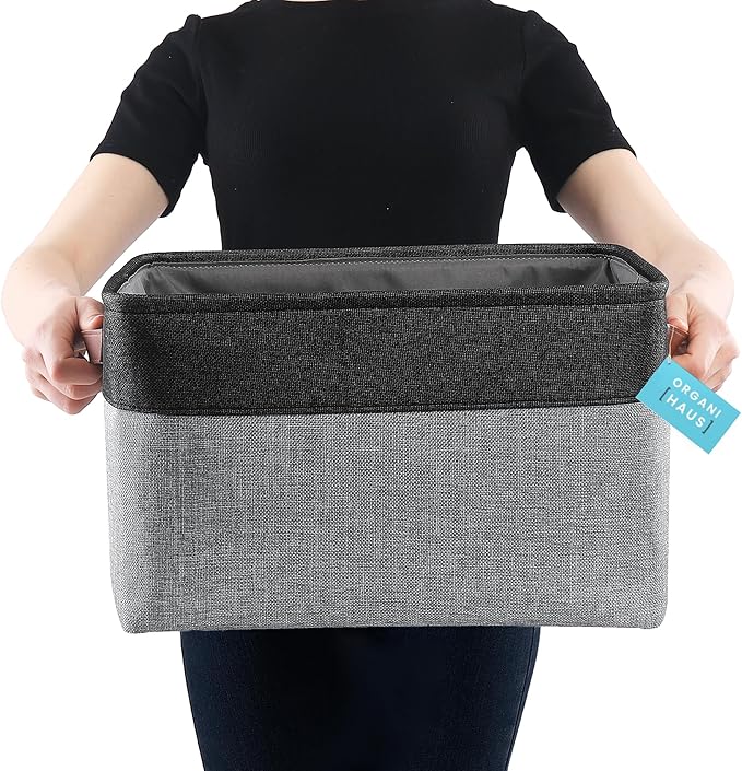 OrganiHaus Extra Large Fabric Storage Bins for Shelves 16x13in, Closet Storage Baskets for Shelf Organizing, Canvas Rectangle Bins for Organization, Linnen Baskets for Organizing - Gray/Black-Ruum Studio Home