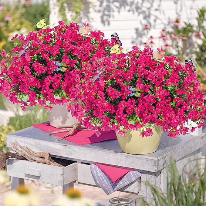 ‌20 Bundles Artificial Flowers for Outdoors‌ with 6 Faux Butterflies, UV Resistant ‌Fake Flowers‌ with Eucalyptus Leaves, ‌Artificial Plants Outdoor‌ for Patio Garden Porch Home Decor (Rose Red)-Ruum Studio Home