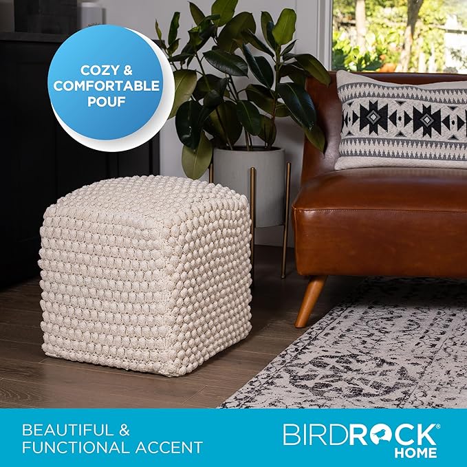 BIRDROCK HOME Bud Pouf Foot Stool Ottoman - Knit Bean Bag Floor Chair - Cotton Braided Cord - Great for The Living Room, Bedroom and Kids Room - Small Furniture-Ruum Studio Home
