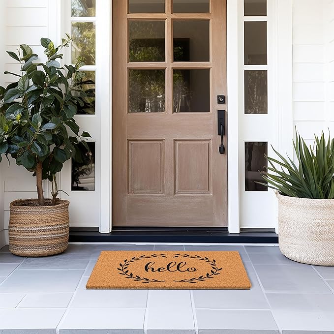 Barnyard Designs Natural Coco Coir Heavy Duty Backing Doormat - Large Cute Non-Slip Front Door Welcome Mat for Outside Entrance or Porch Entry, Brown (17x30, Hello Wreath)-Ruum Studio Home
