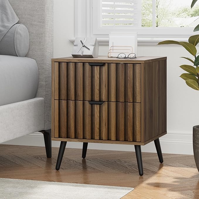 Smuxee Walnut Wooden Night Stand, Mid Century Nightstand with 2 Fluted Drawers, Bedside Table with Metal Feet, Modern End Side Table for Bedroom-Ruum Studio Home