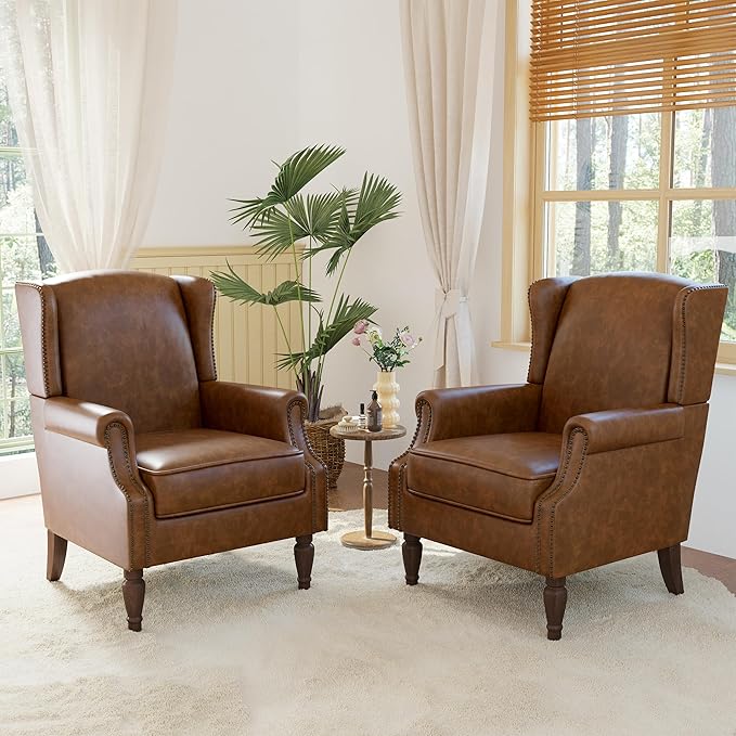 Accent Chairs, Faux Leather High Back Armchair setof 2 or Living Room, Comfy Upholstered Single Sofa Reading Chairs with Solid Wood Legs for Office, Bedroom, Waiting Room-Leather Brown-Ruum Studio Home