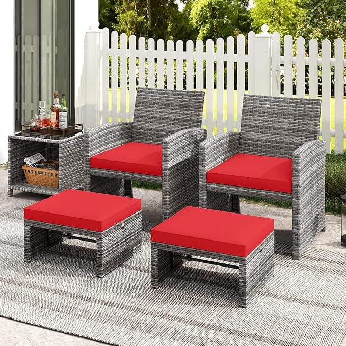 Tangkula 2 Pieces Patio PE Rattan Ottomans, Multipurpose Outdoor Footstool Footrest Additional Seating Side Table with Soft Zippered Cushions for Deck, Garden, and Yard (Red)-Ruum Studio Home