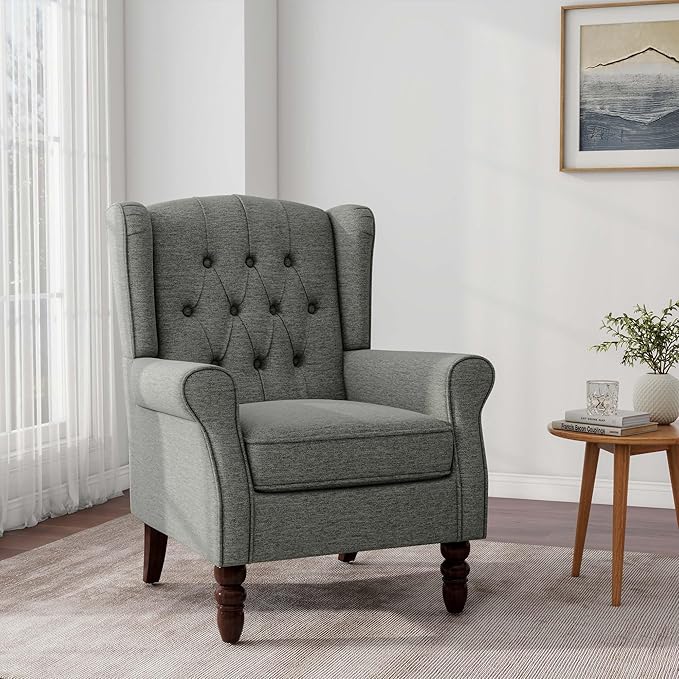 Accent Chair, Upholstered Armchair with Button Tufted High Back & Solid Wood Legs, Comfy Wingback Reading Single Sofa Chair for Small Spaces, Living Room, Bedroom (Grey, Set of 2)-Ruum Studio Home