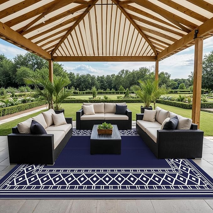 GENIMO Outdoor Rug Waterproof Area 10'x14' for Patio, Foldable Reversible Plastic Straw Carpet for Travel Trailers, Outside Mat for Rv, Deck, Picnic, Porch, Camper, Balcony, Beach, Blue & White-Ruum Studio Home