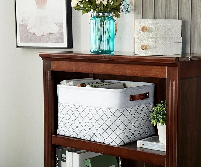 DECOMOMO White Storage Bins Fabric Storage Baskets for Shelves, Linen Closet Organization Toys Nursery (White Check, Large - 3 Pack)-Ruum Studio Home