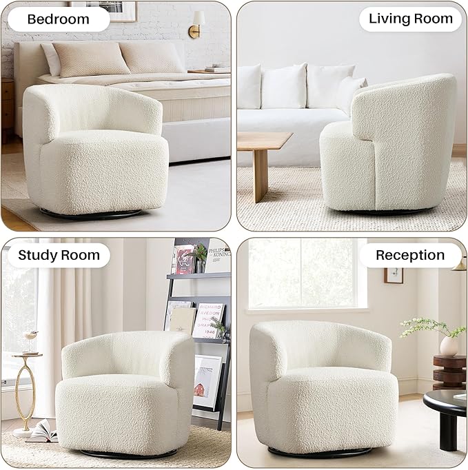 Swivel Accent Chair, Sherpa Teddy Barrel Chair for Living Room, Cozy Round Boucle Arm Chair, Metal Base for Club Nursery Bedroom, White-Ruum Studio Home