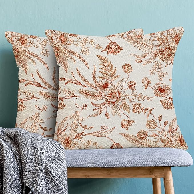 CXMEIFLY Burnt Orange Spring Pillow Covers 18 x 18 Inch Set of 2 for Chinoiserie Flowers Decor Throw Pillows Floral Leaves Seasonal Plant Outdoor Decorative Cushion Cases for Couch Bed Decorations-Ruum Studio Home