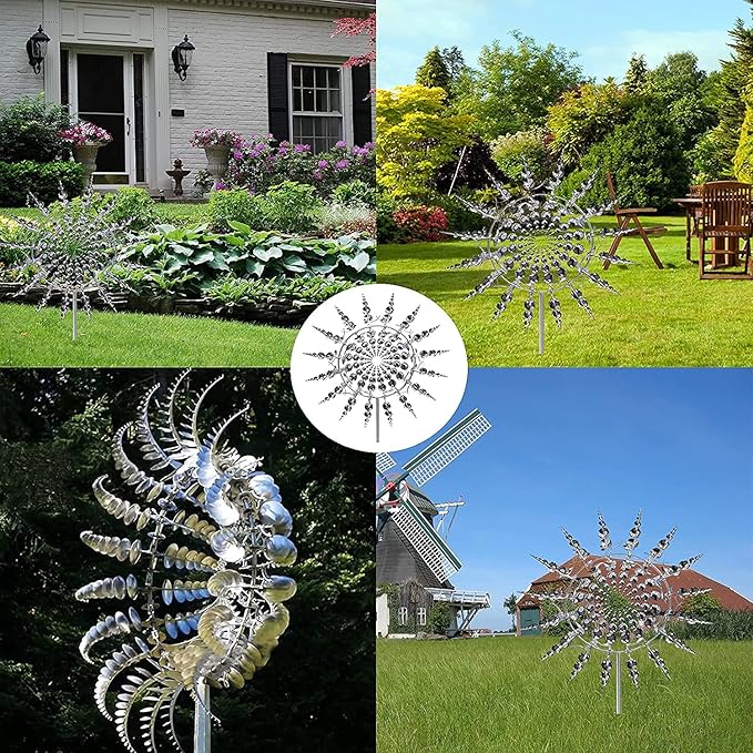 Unique and Magical Metal Windmill, 3D Wind Powered Kinetic Sculpture, Metal Wind Spinner Solar, Wind Spinners for Yard and Garden, Wind Catchers Metal Outdoor Patio Decoration (2 PCS -Silver)-Ruum Studio Home