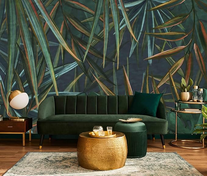 Dark Tropical Palm Leaf Wallpaper Mural Oil Painting Style Abstract Leaves Wall Mural (Not Peel and Stick)-Ruum Studio Home