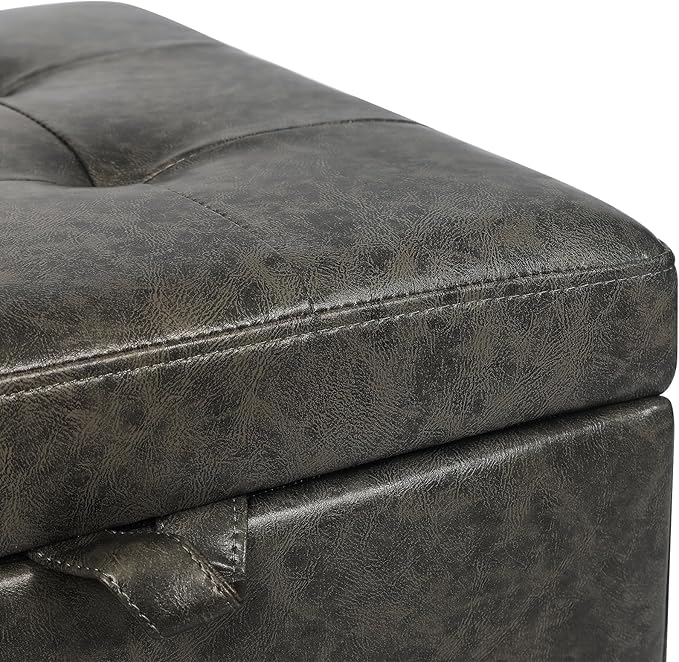 Adeco Faux Leather Storage Ottoman Bench with Wood Legs, 17.7" Square Mixed Grey PU Cube Foot Stool, Upholstered Button Tufted Vanity Chair with Hinged Lid for Living Room, Bedroom, Dorm-Ruum Studio Home