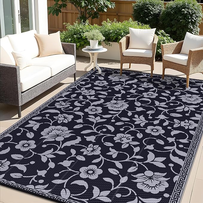 OLANLY Waterproof Outdoor Rug 6x9 ft, Outdoor Plastic Straw Rug with Flower Pattern, Reversible RV Mat for Patio, Camping, Balcony, Deck, Backyard, Black & Grey-Ruum Studio Home