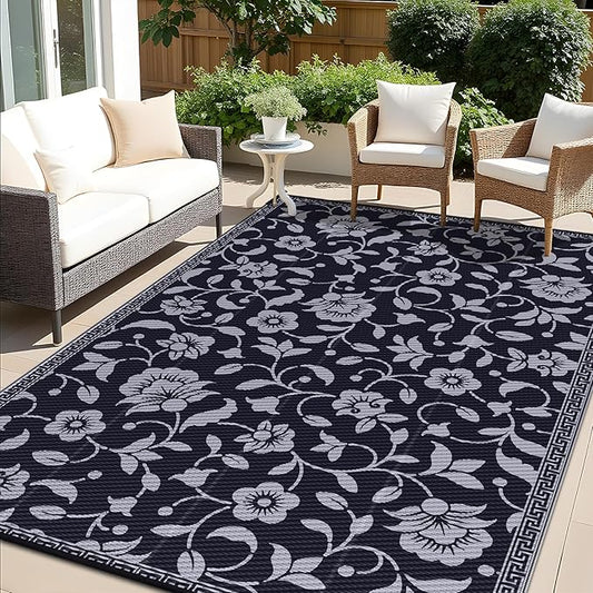 OLANLY Waterproof Outdoor Rug 6x9 ft, Outdoor Plastic Straw Rug with Flower Pattern, Reversible RV Mat for Patio, Camping, Balcony, Deck, Backyard, Black & Grey-Ruum Studio Home