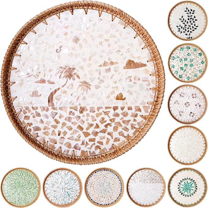 Round Rattan Tray with Mother of Pearl Inlay & Wooden Base - Decorative Wicker Serving Tray for Coffee/Bread/Fruits, Food Storage & Display - Multipurpose Home Decor (L,Island)-Ruum Studio Home