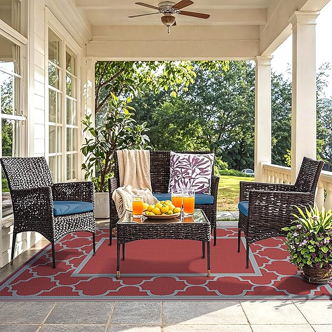 GENIMO 6' x 9' Outdoor Rug Waterproof for Patio Decor, Foldable Reversible Plastic Straw Area Rugs Mat for Camper, Outside Carpet for Rv, Deck, Porch, Picnic, Beach, Balcony, Red & Grey-Ruum Studio Home