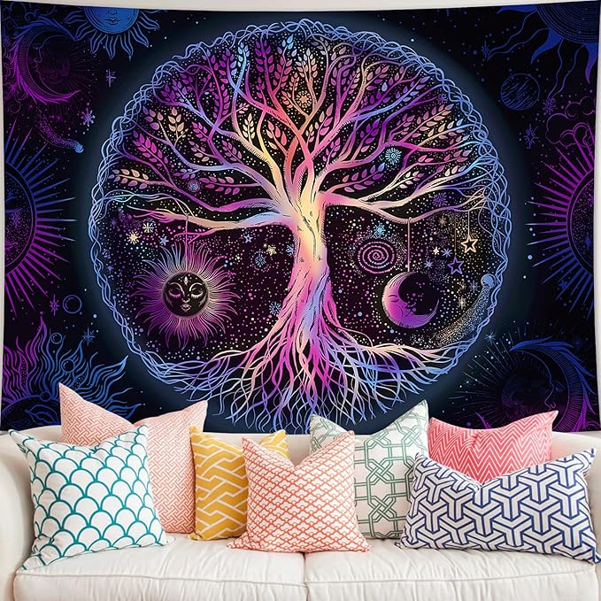 FORATER Tree of Life Tapestry Wall Hanging Colorful Life Tree Tapestries Aesthetic Sun and Moon Galaxy Wall Tapestry for Bedroom Living Room Dorm(36 x 48 Inch, Multicolor)-Ruum Studio Home