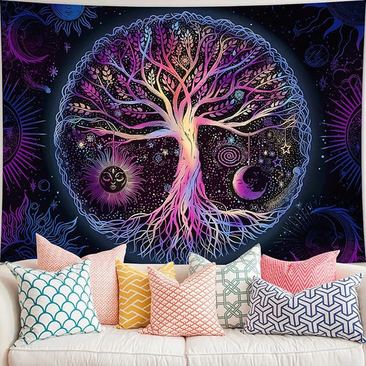 FORATER Tree of Life Tapestry Wall Hanging Colorful Life Tree Tapestries Aesthetic Sun and Moon Galaxy Wall Tapestry for Bedroom Living Room Dorm(36 x 48 Inch, Multicolor)-Ruum Studio Home