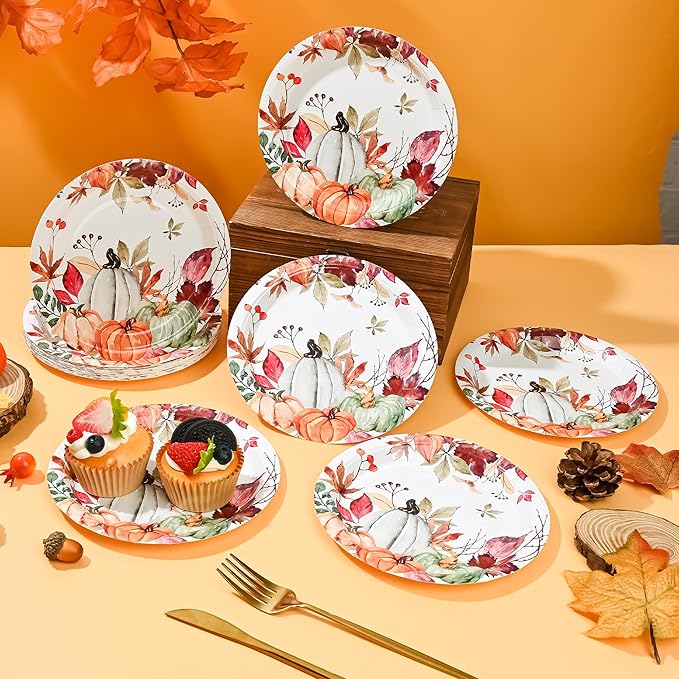 AllReal Fall Pumpkins Paper Plates Rustic Pumpkin Leaves Disposable Party Plate 7" Thanksgiving Autumn Dessert Plate for Birthday Baby Shower Party Supplies Table Decor (24)-Ruum Studio Home