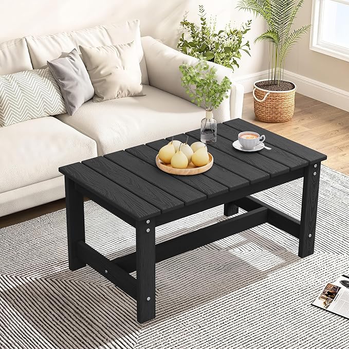 SERWALL Outdoor Coffee Table, HDPE Patio Coffee Table for Outside, Rectangle, Black-Ruum Studio Home