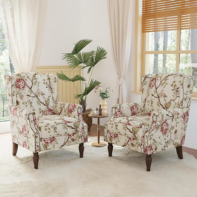 Lumibee Wingback Accent Chair, 2 Set High Back Floral Armchairs in Fabric,Comfy Upholstered Reading Single Sofa Chairs with Solid Wood Legs for Living Room,Bedroom,Office-Floral Beige-Ruum Studio Home