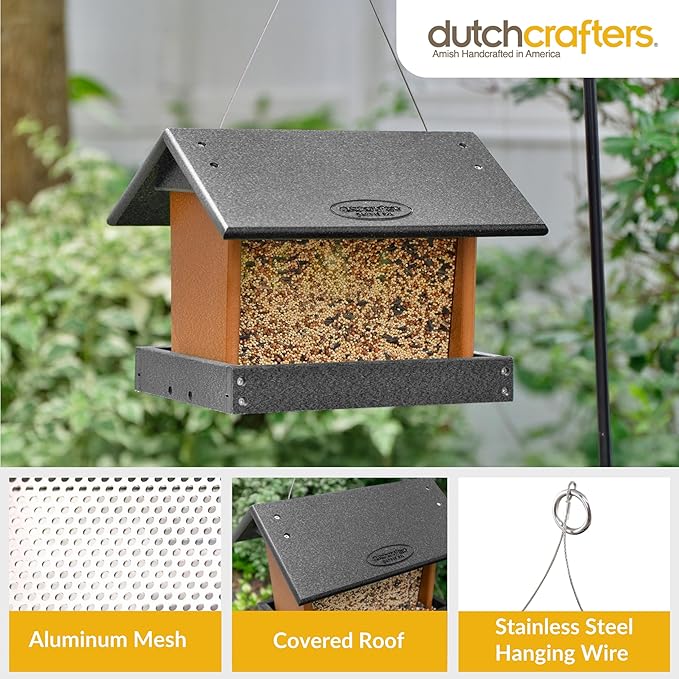 Poly Hanging Hopper Bird Feeder, Large Hanging Bird Feeder for Outside, Outdoors - Amish American Made (Black & Cedar)-Ruum Studio Home