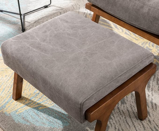 Wahson Set of 2 Mid Century Arm Chairs and Ottomans, Upholstered Accent Armchair with Wood Frame and Canvas Cushions, Leisure Slipper Chair for Living Room/Bedroom, Grey-Ruum Studio Home