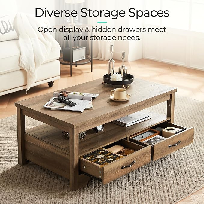 LINSY HOME Farmhouse Coffee Table with Storage, Wood Coffee Table for Living Room, Open Display Area and Storage Drawers with Metal Handles, Chic Style with Curved Base, Brown-Ruum Studio Home