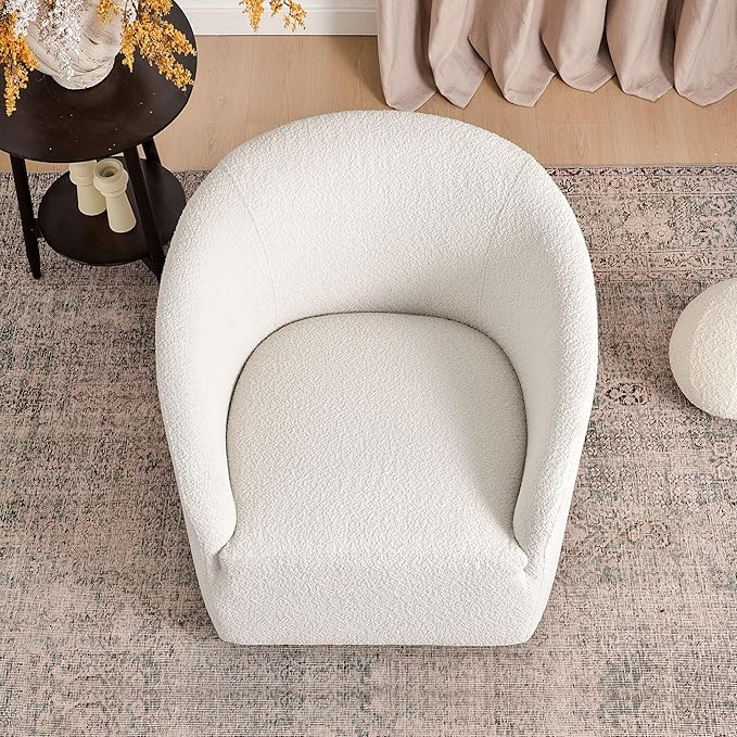 KINWELL 32" Wide Modern Boucle Swivel Barrel Chair, No Assembly Round Upholstered Swivel Accent Armchair for Living Room, Bedroom, Office (White)-Ruum Studio Home