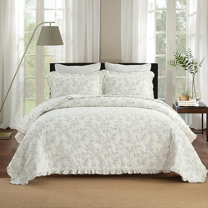 MarCielo 3-Piece 100% Cotton Bedspread Lightweight Quilt Coverlet Embroidery Farmhouse Bedding Set (Floral,Queen (98" X 90"))-Ruum Studio Home