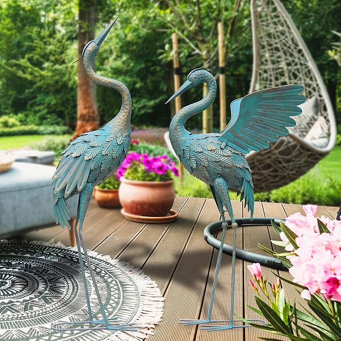 33-37 Inch Metal Crane Garden Statue Décor, Bird Garden Sculpture & Statues, Outdoor Decoration for Yard Patio Lawn Backyard Pool, Vintage Spread Wings Crane, Set of 2-Ruum Studio Home