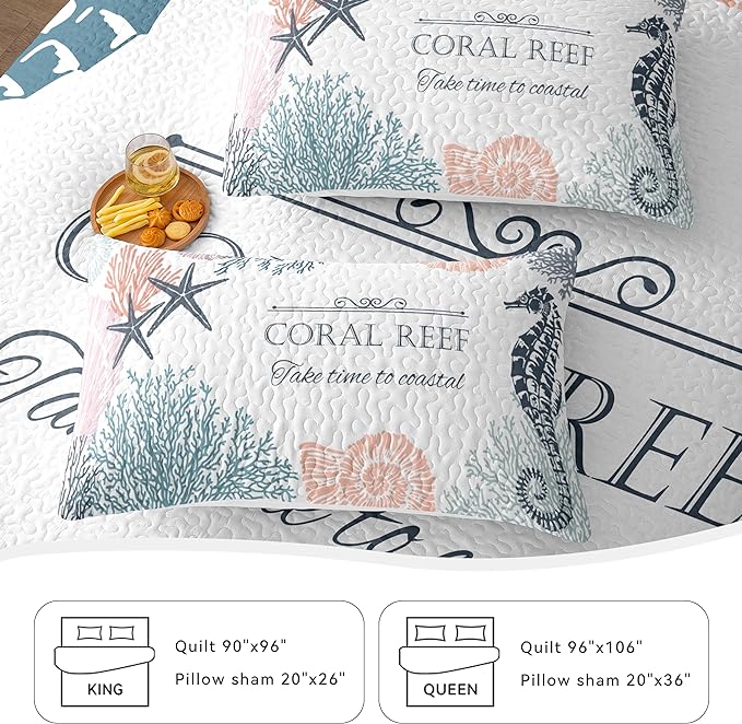 Coastal Bedding King Size 2 Shams, Nautical Beach Comforter Sets Ocean Bedspreads Coastal Coverlet Summer Bedding, 96''x106''-Ruum Studio Home