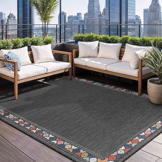 Beverly Rug Outdoor Rug 6x9 Modern Bordered Area Rugs for Indoor and Outdoor Patio Easy to Clean Non Shedding Living Room Porch Garden Washable Outside Carpet (6 x 9 Dark Gray)-Ruum Studio Home