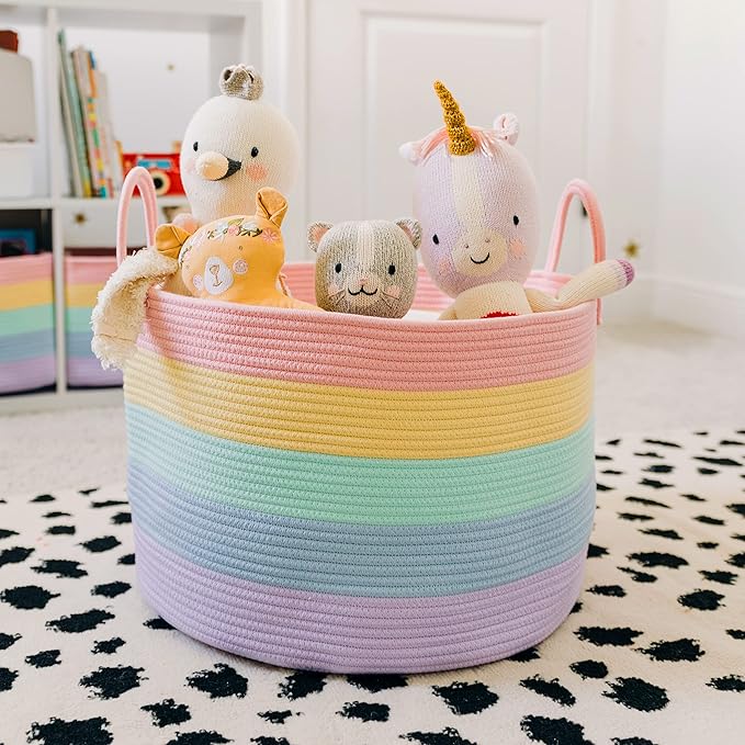 OrganiHaus Cute Basket for Pastel Rainbow Classroom Decor 20x13, Toy Basket Storage for Kids Room, Toy Bins for Kids Organizer, Large Blanket Basket Living Room, Rainbow Storage Bins, Nursery Hamper-Ruum Studio Home