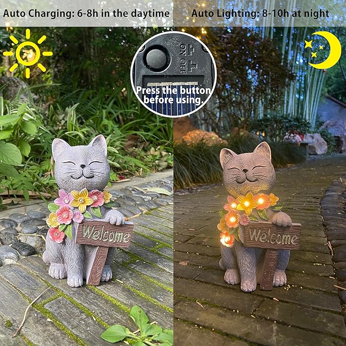 Solar Cat Garden Statue for Outdoor Decor, Cat Solar Light with Flowers, Resin Welcome Cats for Garden, Yard, Lawn Decor, Cats Lover Gifts for Women-Ruum Studio Home