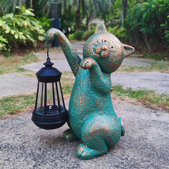 JOYBEE Garden Statues Cat with Solar Lantern Outdoor Decor-Cat Solar Figurines Lights Decorations for Patio Yard Lawn Ornaments-Gifts for Birthday Easter Housewarming-Ruum Studio Home